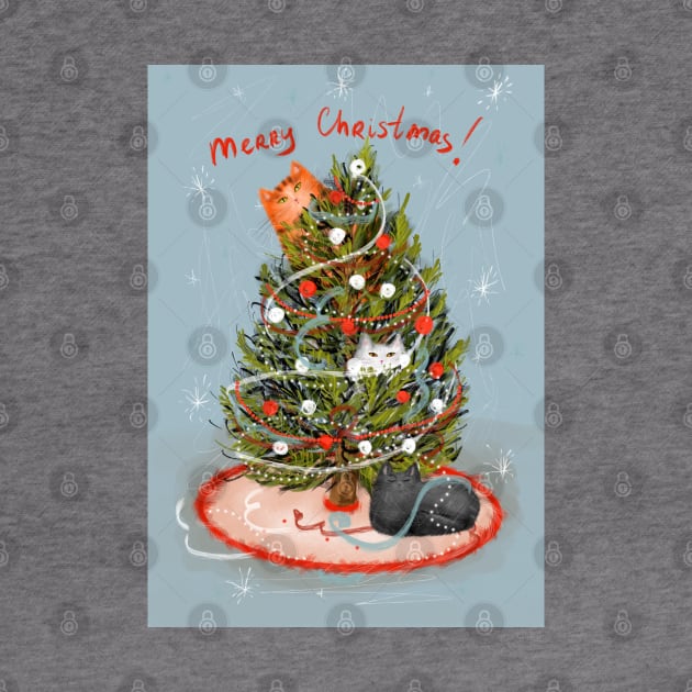 Merry Christmas greeting winter card with cute fluffy cats in red Santa hats and scarves. by Olena Tyshchenko